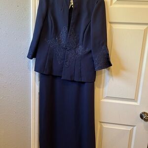 Plaza South Elegant Navy Embroidered Maxi Dress and Jacket Set